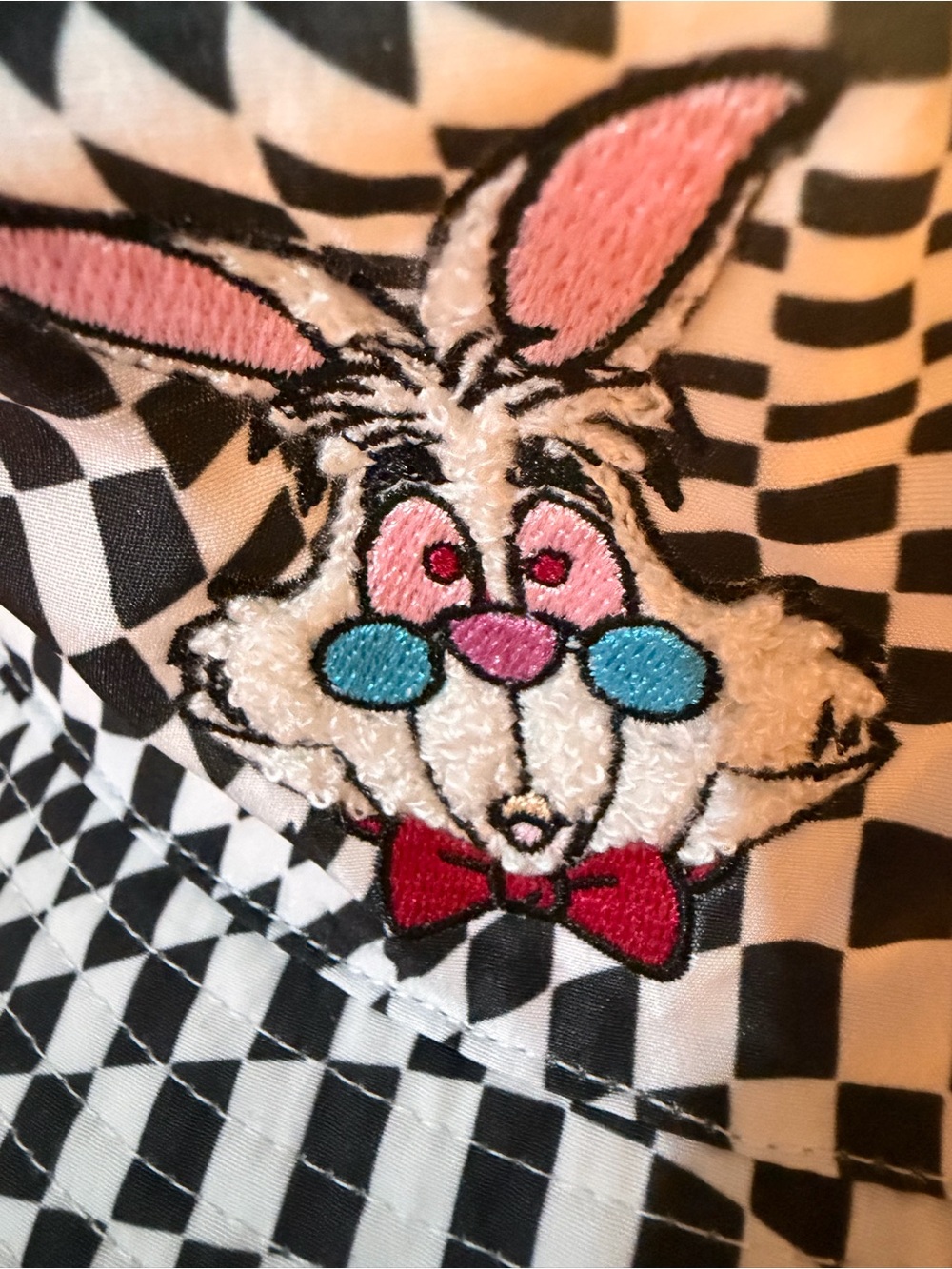 Disney Checkered White Rabbit Bucket Hat with Pink Accents and Red Bow